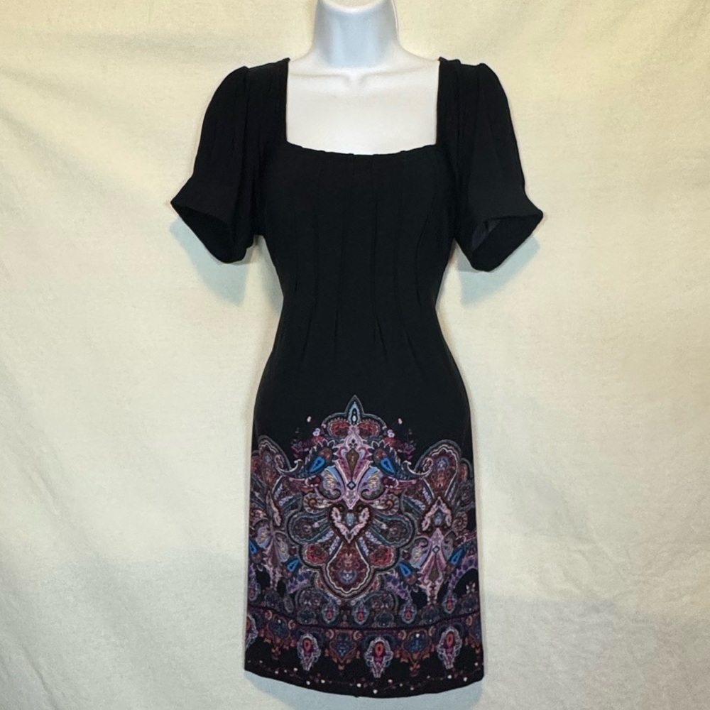 F-104 Ice Black & Colorful Print Pleated Short Sleeve MIDI Dress Size 10